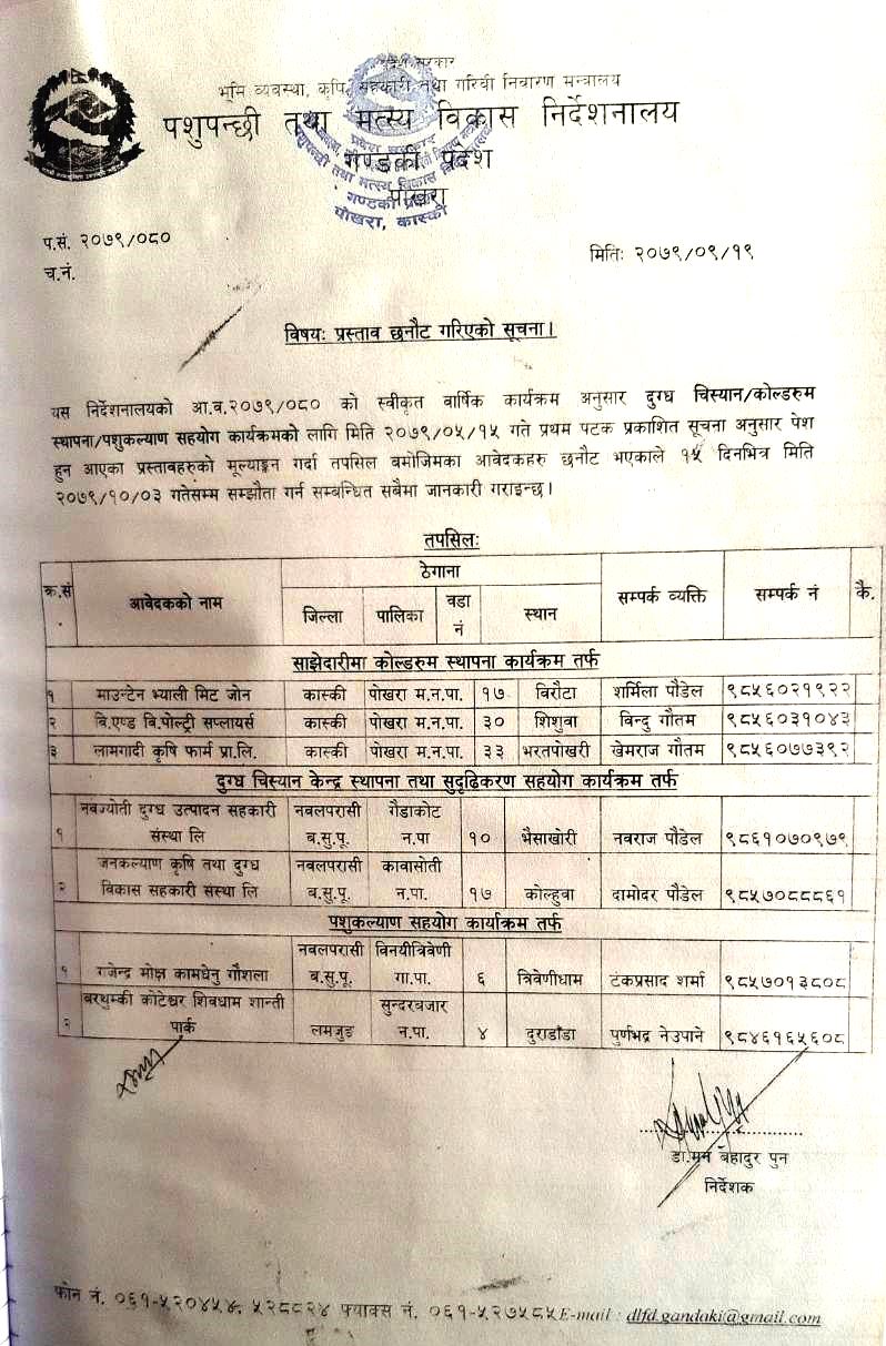 प्रस्ताव छनौटको सूचना